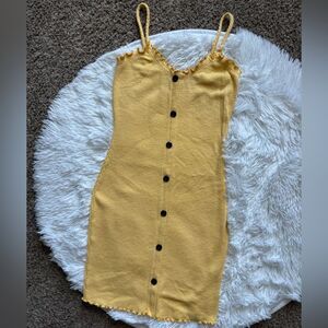 Kanji Dress Yellow Faux Button-Down Stretchy Ribbed Lightweight Tight Small